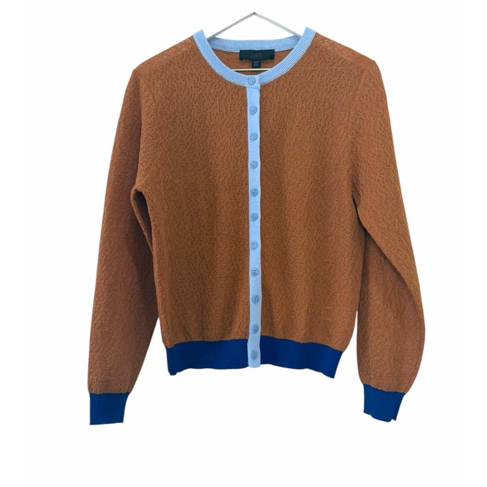 Zara Contrast Trim Textured Cardigan Sweater Brown Blue Button Front Size L